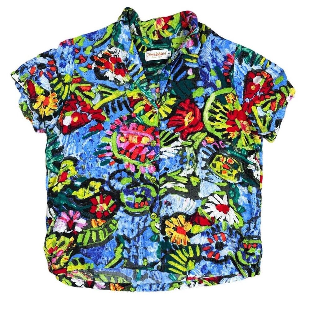 Jams World Vintage Pasta Print Shirt Womens S Colorful Floral Art Brush Blouse